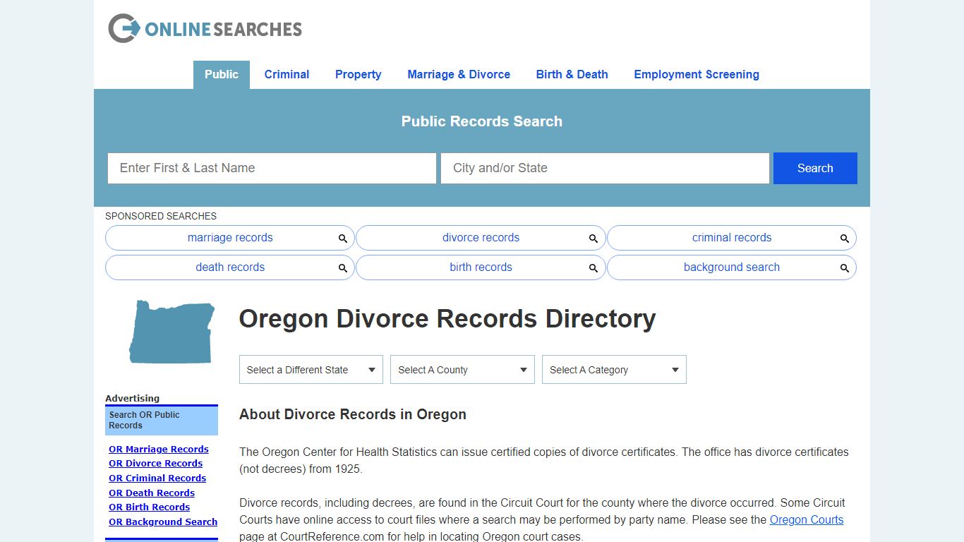 Oregon Divorce Records Search Directory - OnlineSearches.com
